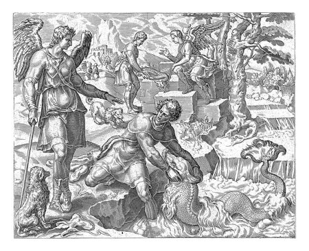 Tobias catches the fish, anonymous, after Maarten van Heemskerck, 1556 - 1633 The Archangel Raphael orders Tobias to get the fish from the river Tigris. With Raphael is Tobias' dog.