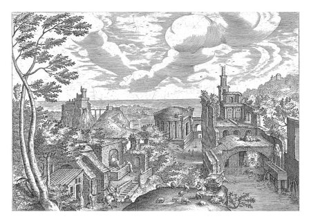 Foto de Paisaje con ruinas, Adriaen Collaert, después de Hendrick van Cleve, 1587 - 1618 En primer plano un pastor con ovejas en medio de una ruina. En el fondo el mar. - Imagen libre de derechos