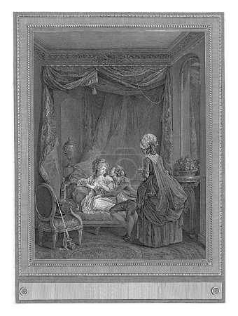 Foto de Criada trayendo una taza de Bouillon a una pareja en un Settee, Martial Deny, después de Lawrence, c. 1782 En una habitación, una joven pareja se sienta en un sofá con un dosel. - Imagen libre de derechos