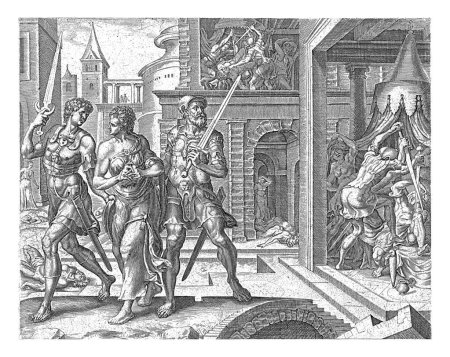 Foto de Simeon y Levi llevan a Dina a casa, Harmen Jansz Muller, después de Maarten van Heemskerck, 1579 - 1585 Simeon y Levi llevan a su hermana Dina a casa, después de vengarse de Siquem, que había deshonrado a la hermana. - Imagen libre de derechos