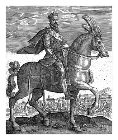 Foto de Maximiliano II a caballo, Crispijn van de Passe (I), después de G. Ens, 1604 Maximiliano II, emperador alemán, a caballo. Lleva una cadena con la Orden del Toisón de Oro.. - Imagen libre de derechos