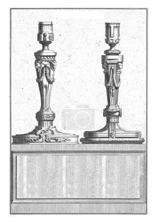 Téléchargez les photos : Deux chandeliers, Jean François Quarante, 1775-1790 Deux chandeliers ornementés. Gauche avec des têtes de chèvre et des guirlandes, droite avec des têtes de femme et des draperies. Ci-dessous est le titre de la série. - en image libre de droit