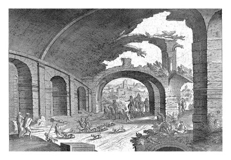 Téléchargez les photos : Ruine du Colisée, Hendrick van Cleve, 1585 La ruine du Colisée à Rome. L'empreinte montre des promeneurs, des cavaliers et une meute de chiens. - en image libre de droit