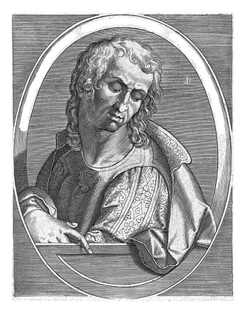 Téléchargez les photos : Aggée, Cornelis Galle (I), d'après Jan van der Straet, 1613 Le prophète Aggée jeune homme, en ovale avec inscription latine. - en image libre de droit
