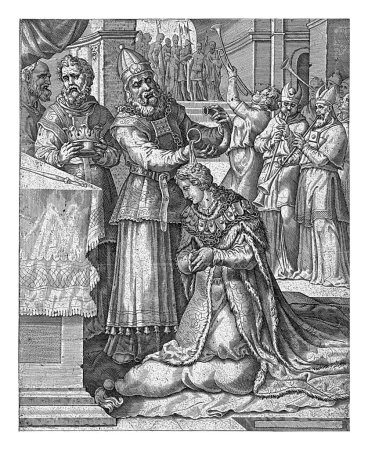 Téléchargez les photos : Salomon est oint roi, anonyme, d'après Maarten van Heemskerck, 1560-1595 Salomon est oint roi par Zadok. Derrière lui se tient un homme avec la couronne dans ses mains. - en image libre de droit