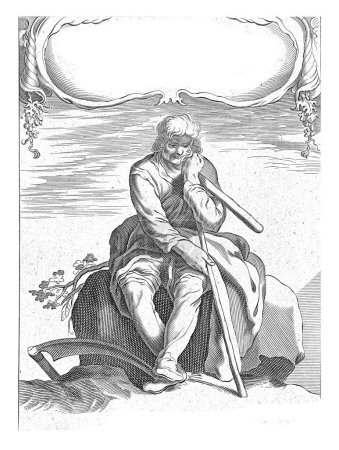 Téléchargez les photos : Page de titre d'Abraham Bloemaert, Fondamenten der Teecken-konst, Frederick Bloemaert, d'après Abraham Bloemaert, vers 1679 - au plus tard en 1701 Une moissonneuse repose sur une pierre. - en image libre de droit