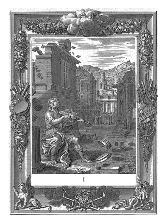 Photo for Amphion Building the Walls of Thebes, Bernard Picart (workshop of), after Bernard Picart, 1733 Amphion playing his lyre. As a result, the stones move of their own accord and form the city walls. - Royalty Free Image