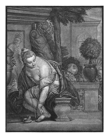Téléchargez les photos : Suzanna et les anciens, Abraham Bloteling, d'après Paolo Veronese, 1652-1690 Deux anciens se cachent derrière un mur et regardent Suzanna qui se baigne dans une fontaine. - en image libre de droit