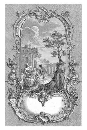 Téléchargez les photos : Deux femmes et un jeune homme, Johann Gottfried Haid, d'après François de Cuvillies (Sr.), 1745 Deux femmes assises et un jeune homme assis dans un paysage en ruine. - en image libre de droit