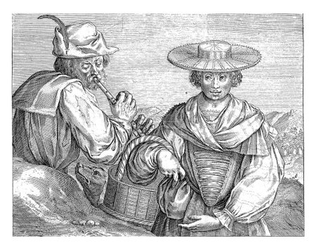 Foto de El hombre seduce a una mujer con su flauta tocando, Crispijn van de Passe (I), después de Jacques Bellange, 1574 - 1637 Un granjero toca la flauta y trata de seducir a la esposa del granjero. - Imagen libre de derechos