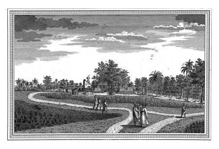 Téléchargez les photos : Vue du fort Noordwijk, Jacob van der Schley, 1747 - 1779 Vue du fort Noordwijk (à Jakarta) au milieu d'un paysage tropical avec des champs et des sentiers où les gens marchent au premier plan. - en image libre de droit