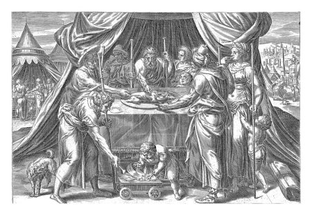 Foto de Celebración de la Pascua en la Tierra Prometida, Harmen Jansz Muller, después de Gerard van Groeningen, 1579 - 1585 En el campamento, los israelitas celebran la Pascua en la Tierra Prometida por primera vez. - Imagen libre de derechos
