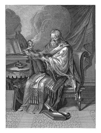 Foto de San Ambrosio, anónimo, 1675 - 1711 San Ambrosio, obispo de Milán, sentado a la mesa, con un libro en una mano y una pluma en la otra. - Imagen libre de derechos