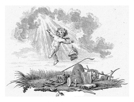 Foto de Putto flotando sobre un paisaje, Reinier Vinkeles (I), 1751 - 1816 Un putto flota en los rayos del sol sobre un paisaje. En el suelo hay atributos que incluyen una colmena, un libro y una corona.. - Imagen libre de derechos