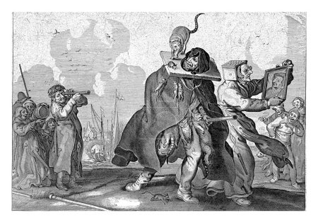 Téléchargez les photos : Proverbe "Besiet thy selves depicted as a man with dead animals and a woman being mocked", Cornelis van Dalen (I) (attribution rejetée), d'après Adriaen Pietersz. van de Venne, 1612 - 1665 - en image libre de droit
