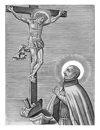 Photo for Ignatius of Loyola in adoration, Hieronymus Wierix, after Maerten de Vos, 1563 - 1669 Saint Ignatius of Loyola in adoration before a life-size crucifix. - Royalty Free Image