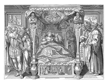 Téléchargez les photos : Lit avec l'Épouse du Christ, Johann Sadeler (I), d'après Maerten de Vos, 1643 L'Épouse du Christ (l'Église) dans un lit à baldaquin. La verrière est portée par les vertus cardinales. - en image libre de droit