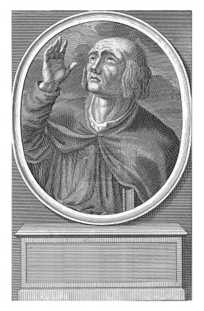 Téléchargez les photos : Buste de portrait ovale à gauche du bénédictin Berengarius van Formbach, tête nue. Le portrait se dresse sur un socle sur lequel se trouve un vers hollandais à quatre lignes. - en image libre de droit