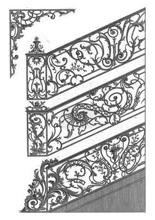 Téléchargez les photos : Portes d'escalier, Carl Albert von Lespilliez, d'après François de Cuvillies (Sr.), 1745 Trois portes d'escalier en fer forgé ornées, les deux premières avec pilastres. - en image libre de droit