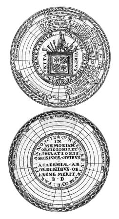 Téléchargez les photos : Sceaux de l'Université de Groningue avec les noms des professeurs et les armoiries, Nicolas Chevalier, 1706 - 1720 - en image libre de droit