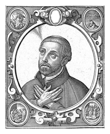 Foto de S. Franciscus Xaverius, Hieronymus Wierix, 1563 - antes de 1619 Retrato del misionero jesuita Francis Xaverius. En las esquinas medallones con escenas de su vida. - Imagen libre de derechos