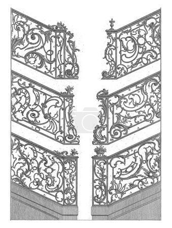 Téléchargez les photos : Six portes d'escalier, Carl Albert von Lespilliez, d'après François de Cuvillies (Sr.), 1745 Six portes d'escalier en fer forgé ornées, les deux inférieures avec pilastres. - en image libre de droit