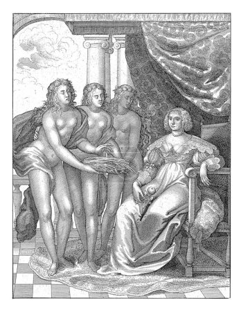 Téléchargez les photos : Portrait d'Amalia van Solms, Venceslaus Hollar, 1639 Portrait d'Amalia. Elle est assise dans une pièce avec une branche orange dans la main droite. Les trois Grâces offrent ses frondes de palmiers. - en image libre de droit