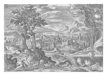 Photo for Samson sets fire to the cornfields of the Philistines, Antonie Wierix (II), after Jan Snellinck (I), 1585 Samson sets fire to the cornfields of the Philistines by tying foxes. - Royalty Free Image