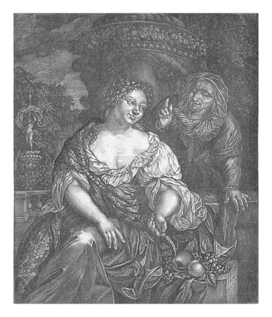 Foto de Vertumnus y Pomona en un jardín, Jan Brouwer, 1652 - 1688 Vertumnus, el dios italiano y protector de los jardines y huertos, y Pomona se sientan en un jardín. - Imagen libre de derechos