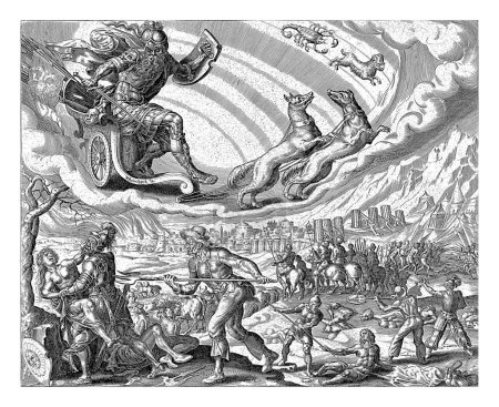 Téléchargez les photos : La planète Mars et ses enfants, Harmen Jansz Muller, d'après Maarten van Heemskerck, 1638-1646 Mars roule dans le ciel sur son char, tiré par deux chiens. - en image libre de droit