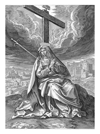 Foto de Maria als Mater Dolorosa, Antonie Wierix (II), después de Maerten de Vos, 1584 María se sienta con una espada en el pecho al pie de la cruz vacía - Imagen libre de derechos
