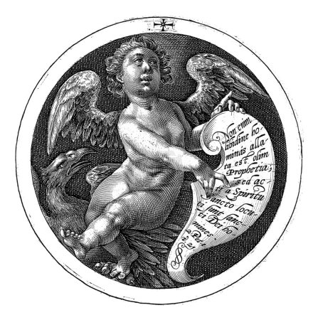 Téléchargez les photos : Ange avec banderole, Crispijn van de Passe (I), 1601 Un ange pointant vers un banderole avec une citation biblique en latin de 2 Pet. 13 h 21. Un aigle en arrière-plan. - en image libre de droit