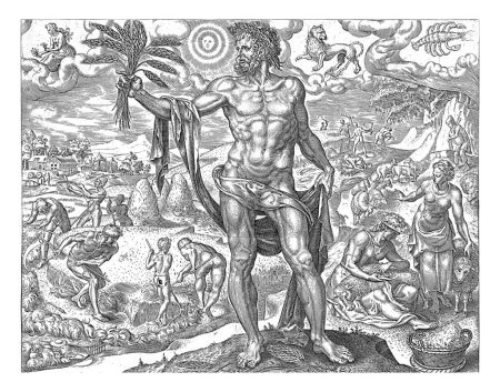 Téléchargez les photos : Zomer, Philips Galle, d'après Maarten van Heemskerck, 1563 Au premier plan la personnification de l'été : un homme adulte, couronné d'une couronne. - en image libre de droit