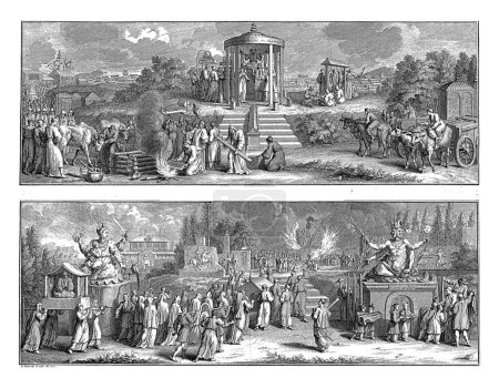 Téléchargez les photos : Cérémonie de mariage et enterrement au Japon, Bernard Picart (atelier de), d'après Bernard Picart, 1727 Feuillet avec deux représentations. - en image libre de droit