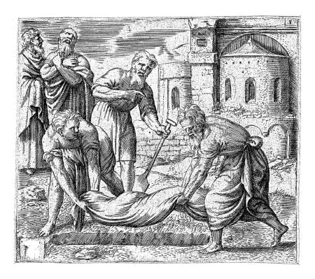 Photo for Burial of John the Baptist, Cornelis Massijs, 1550 The body of John the Baptist, wrapped in a shroud, is placed in a grave by two men. - Royalty Free Image