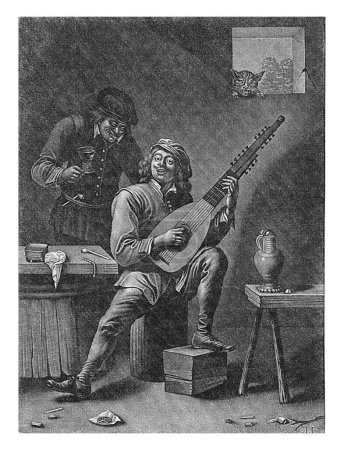 Foto de Cantante laúd, Jan van der Bruggen, después de David Teniers (II), después de Wallerant Vaillant, 1659 - 1740 Un cantor laúd se sienta en un barril en una posada. - Imagen libre de derechos