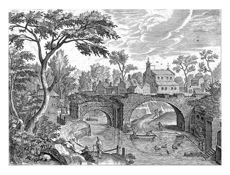 Foto de Paisaje con ruinas de un puente, Adriaen Collaert, después de Hendrick van Cleve, 1587 En primer plano algunos caminantes están caminando a lo largo de la orilla de un río. - Imagen libre de derechos