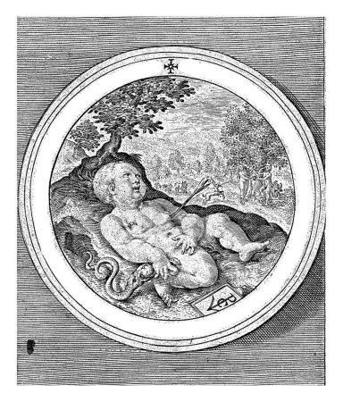 Téléchargez les photos : Putto au cœur percé, Crispijn van de Passe (I), 1594 Médaillon avec une putto au cœur percé d'une flèche. En arrière-plan paradis avec Eve offrant le fruit interdit à Adam. - en image libre de droit