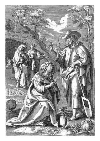 Foto de Cristo aparece como jardinero a María Magdalena, Antonie Wierix (II), después de Maerten de Vos, 1583 - 1587 Después de que el Cristo rebelde aparece como jardinero a María Magdalena. - Imagen libre de derechos