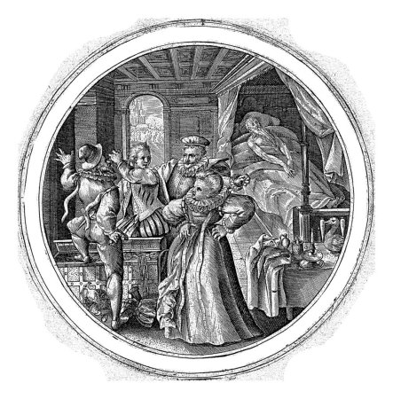Téléchargez les photos : L'homme à l'âge de cent ans, Crispijn van de Passe (I), 1574 - 1637 Départ avec un vieil homme sur son lit de mort et trois hommes et une femme dans un cercueil discutant de l'héritage. - en image libre de droit