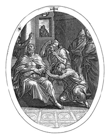 Foto de Burla de Cristo, Crispijn van de Passe (I), 1600 Cristo es burlado por los soldados. La representación está enmarcada en un marco ovalado con una inscripción de borde en latín. - Imagen libre de derechos