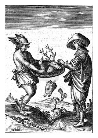 Téléchargez les photos : Mercure avec un bol de têtes d'animaux tranchées, Martin Baes, vers 1614 - vers 1631 Mercure offre à un noble un bol avec des têtes d'animaux tranchées. - en image libre de droit