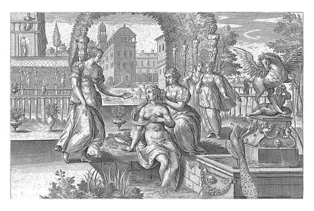 Photo for Bathsheba receives the letter from David, Adriaen Collaert, after Jan Snellinck, 1596 - 1643 Bathsheba, accompanied by servants, sits on the edge of a water basin by a fountain. - Royalty Free Image