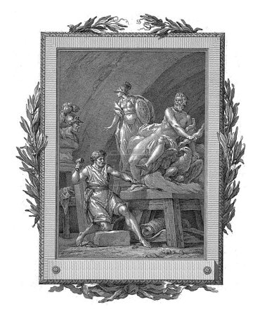 Téléchargez les photos : Philokles trouve du réconfort dans son œuvre, Jean-Baptiste Tilliard, d'après Charles Monnet, 1785 Condamné à la pauvreté, Philokles travaille sur une statue de Jupiter dans une grotte. - en image libre de droit