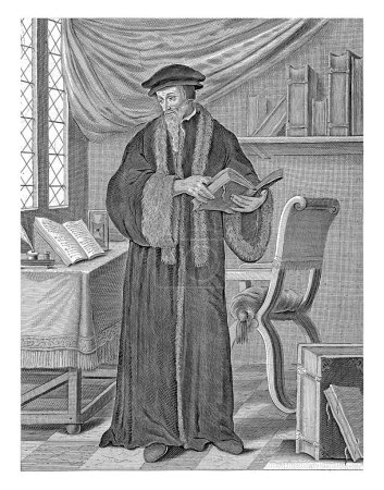 Photo for Portrait of John Calvin, Pieter Holsteyn (II), 1689 - 1720 Portrait at the feet of John Calvin, in the interior of a study. Below the portrait are name and details in two lines in Latin. - Royalty Free Image