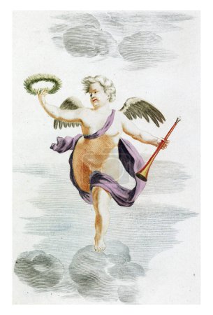 Foto de Putto con corona de laurel y alabanza, anónimo, 1688 - 1698 Putto, con corona de laurel y alabanza en sus manos, flotando en las nubes. - Imagen libre de derechos