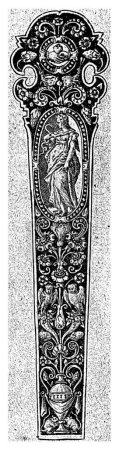 Téléchargez les photos : Poignée de couteau avec Prudentia, Theodor de Bry, v. 1588 La poignée a une décoration de candélabre, composé d'un vase, hiboux et vignes. Dans l'ovale ci-dessus est Prudentia. - en image libre de droit