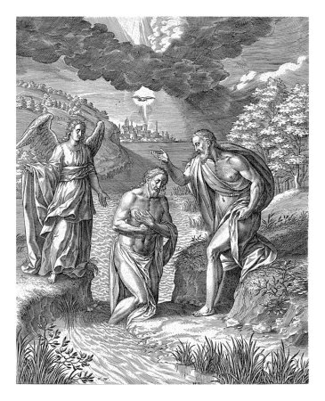 Foto de Bautismo de Cristo, Jerónimo Wierix, 1563 - antes de 1586 Cristo es bautizado en el Jordán por Juan el Bautista, en presencia de un ángel. Dios en forma de paloma desciende sobre él. - Imagen libre de derechos