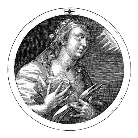 Téléchargez les photos : Sibylle persan, Crispijn van de Passe (I), 1601 Buste du sibylle persan. Dans sa main gauche elle tient un livre ouvert et sa main droite elle tient contre sa poitrine. - en image libre de droit