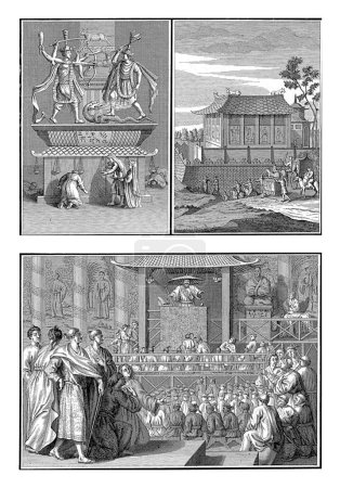 Foto de Dios japonés, Pagoda y Predicador, Bernard Picart (taller de), 1724 Revista con tres representaciones relacionadas con la religión japonesa. - Imagen libre de derechos